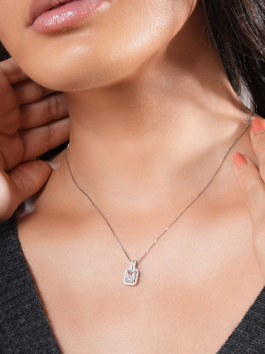 925 Sterling Silver CZ Geometric Solitaire Pendant Minimal Necklace & Chain
